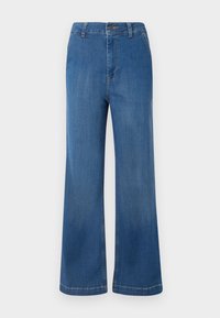 Jeans in denim blu a gamba larga con vita alta, caratterizzati da una chiusura a bottone, cinque tasche e una texture sbiadita.