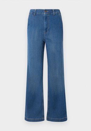 Szerokie niebieskie dżinsy z wysokim stanem, z zapięciem na guzik, pięcioma kieszeniami i wybledzoną teksturą.