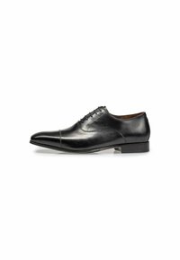 Schwarze formelle Lederschuhe mit einer eleganten, spitzen Zehenpartie, sechs Ösen-Schnürung und niedrigem Absatz. Glatte Textur mit minimaler Nahtdetails.
