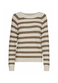 Gestreifter Pullover mit breiten, abwechselnd beige- und braunfarbenen Streifen, Rundhalsausschnitt, langen Ärmeln sowie gerippten Bündchen und Saum.