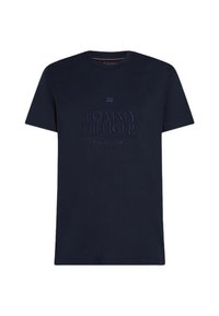 T-shirt a maniche corte blu navy con testo in rilievo "Tommy Hilfiger Since 1985" sul davanti, scollatura rotonda.
