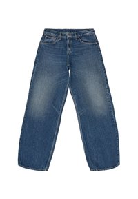 Jeans w szerokich nogawkach w średnim odcieniu niebieskiego, z lekko wypłukanym wykończeniem, klasycznym pięciopocketowym wzorem oraz mocnym szyciem na brzegach.