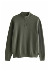 Olivengrüner Pullover mit hohem Kragen und halber Reißverschluss. Verfügt über ein strukturiertes Muster und gerippte Bündchen sowie Saum für eine taillierte Passform.