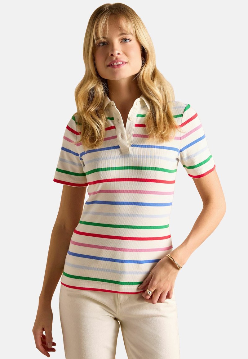 Gestreiftes Poloshirt mit mehrfarbigen horizontalen Streifen in Rot, Grün, Blau und Pink auf einem cremefarbenen Hintergrund. Kurzärmlig mit Knopfleiste.