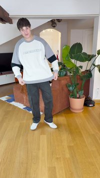 Sivá a biela mikina s rebrovanými manžetami, zdobená nápisom "LET'S FRANS". Čierne vertikálne pruhované nohavice. Biele tenisky. Interiér s rastlinami.