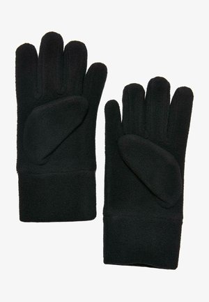 Guanti in pile neri con design aderente, punte delle dita aperte e palmo testurizzato per una presa migliore. Materiale morbido con una finitura liscia.