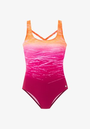 Einteiliger Badeanzug mit einem Farbverlauf von Orange zu Pink, Kreuzriemen und einem strukturierten Muster am Oberteil.
