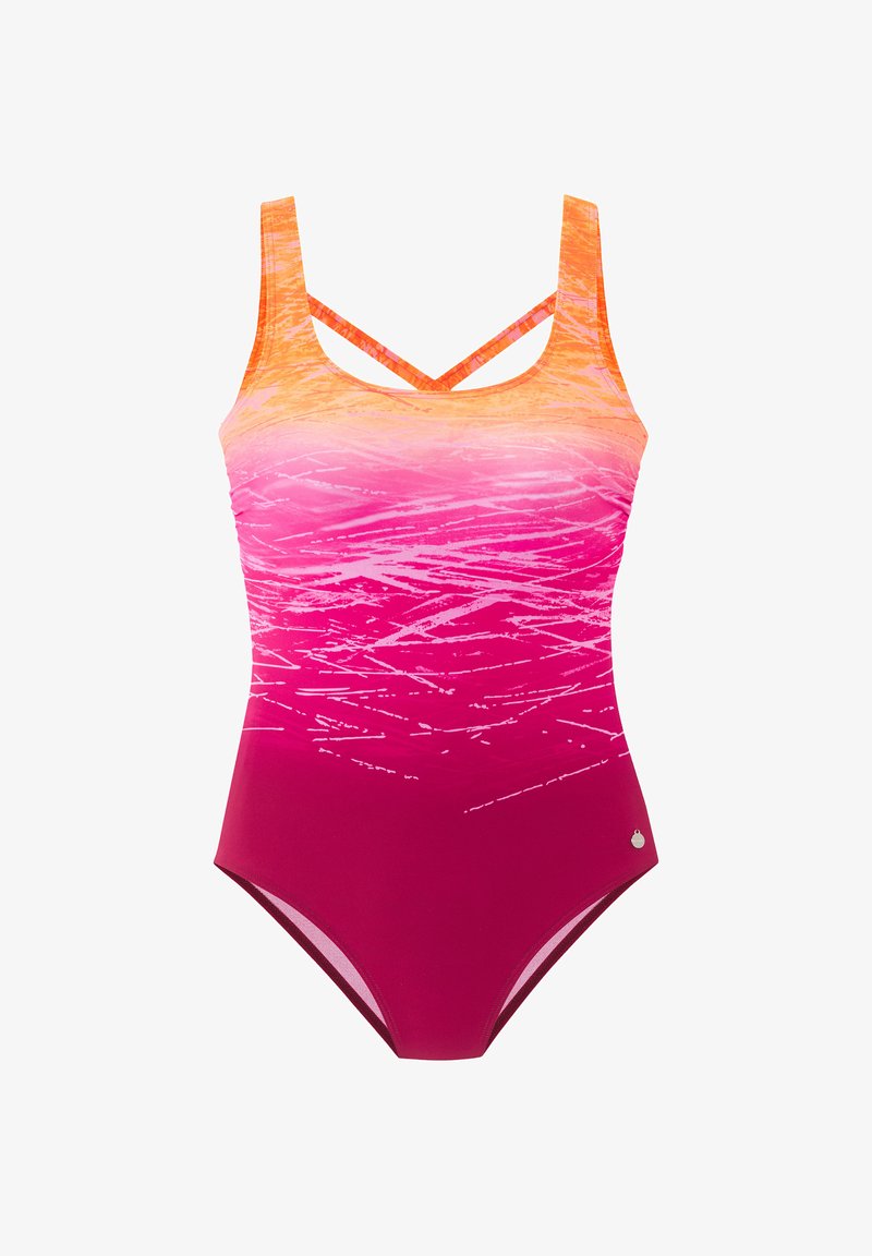 Jednodielne plavky s prechodovým dizajnom z oranžovej do ružovej, s prekríženými ramienkami a textúrovaným vzorom na živôtiku.