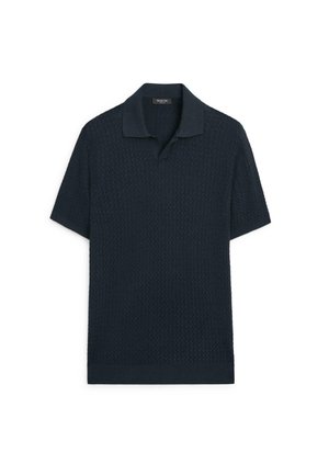 Polo bleu marine à manches courtes avec motif tissé texturé, col classique et manches retroussées.