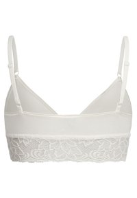 Weißes Bralette mit Spitze am Saum. Hergestellt aus weichem Stoff, verfügt es über verstellbare Träger und eine glatte Textur. Klassisches dreieckiges Design.
