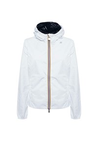 Giacca leggera bianca con cappuccio, dotata di un rivestimento interno nero, chiusura a cerniera completa con dettagli arancioni e polsini elastici.
