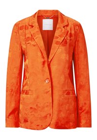 Blazer orange avec un motif floral, fermeture à un bouton, revers crantés et deux poches avant. Fabriqué dans un tissu brillant et texturé.