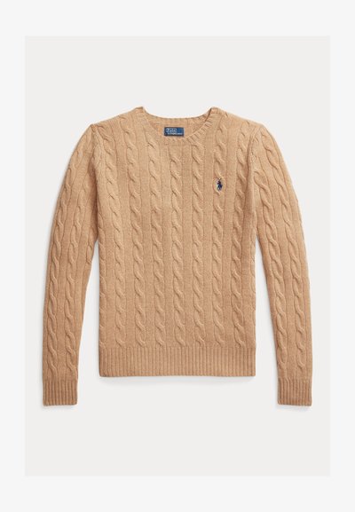Skarbowy sweter w kolorze wielbłądzim z splotem warkoczowym, długimi rękawami i ściągaczami przy rękawach, z małym haftowanym logo Polo na piersi.