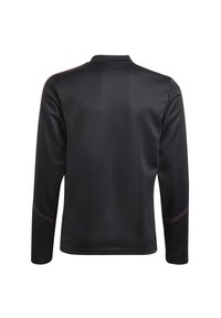 Černá dlouhá bunda s jemným růžovým prošíváním na ramenech a rukávech, zobrazená zezadu na bílém pozadí.