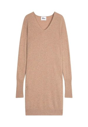 Beige gestricktes Kleid mit V-Ausschnitt, langen Ärmeln und gerippten Bündchen und Saum. Weicher Stoff mit lockerer Passform, ideal zum Lagenlook.