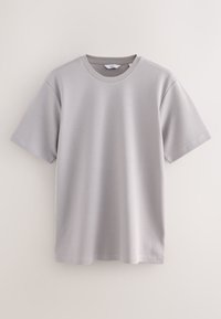 Lichtgrijs T-shirt met korte mouwen en een ronde hals met standaard pasvorm, afgebeeld tegen een effen neutrale achtergrond.