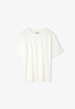 Weißes Baumwoll-T-Shirt mit rundem Ausschnitt, kurzen Ärmeln und lockerer Passform. Glatte Textur, keine sichtbaren Muster oder Akzente.