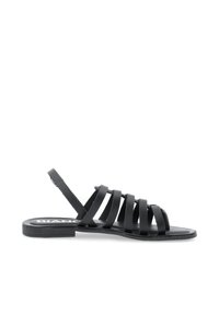 Svart sandal med flera horisontella remmar, bakrem, platt sula och minimalistisk design. Tillverkad av syntetiskt material.