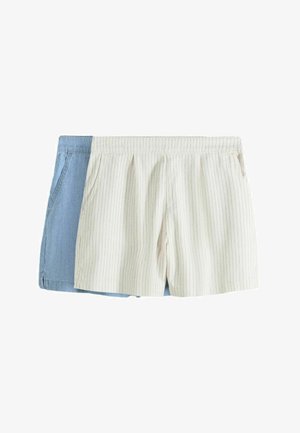 Two pairs of casual shorts, one light blue denim and one white with thin vertical pinstripes, both with elastic waistbands and side pockets.