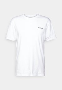 Bílý bavlněný tričko s kulatým výstřihem, krátkými rukávy a malým černým logem Columbia na levé straně. Jednoduchý, klasický design.