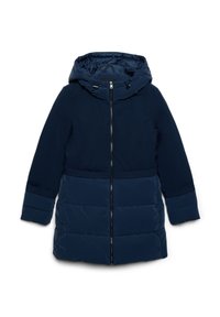 Giacca piumino blu navy con cappuccio staccabile, chiusura a zip e parte inferiore trapuntata. Presenta un tessuto superiore liscia e polsini elasticizzati.