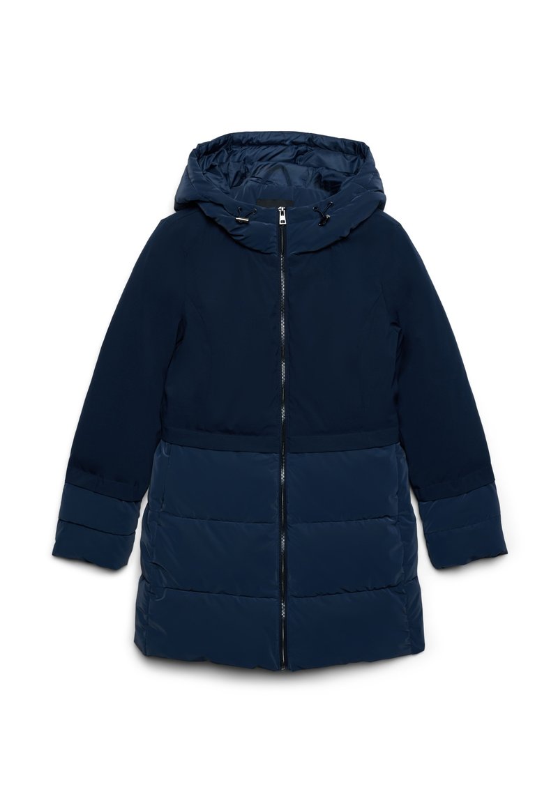 Giacca piumino blu navy con cappuccio staccabile, chiusura a zip e parte inferiore trapuntata. Presenta un tessuto superiore liscia e polsini elasticizzati.