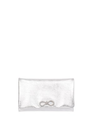Silver metallic clutch with a smooth texture, featuring an infinity symbol accent in rhinestones, rectangular shape, and fold-over flap design.