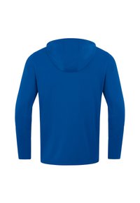 Langärmliger Hoodie aus einfarbigem blauen Stoff, mit einer glatten Textur und einer enganliegenden Kapuze. Keine sichtbaren Marken oder Muster.