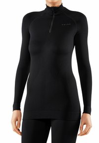 Haut de sport noir à manches longues avec un col haut et une fermeture éclair. Présente un design ajusté, un tissu texturé et un branding discret sur la poitrine.