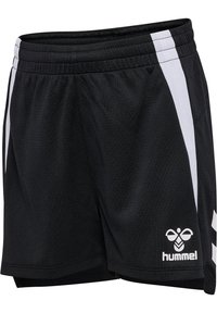 Schwarze Sportshorts mit elastischem Bund, weißen Seitenstreifen und weißem Hummel-Logo am unteren rechten Bein.