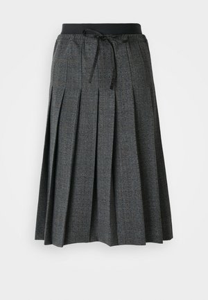 Fustă plisată gri cu un model texturat în carouri, având un brâu elastic negru și un detaliu decorativ cu nod în partea din față.