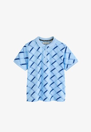 Lyseblå kortærmet poloshirt med lynlåslukning ved kraven og mørkeblå geometrisk diagonaltternet mønster samt "Baker by Ted" tekstdetaljer.