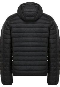 Veste matelassée noire avec capuche, présentant un design matelassé et des coutures horizontales. Fabriquée en matériau rembourré avec une texture lisse.