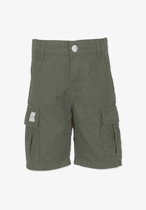Olivgrüne Cargo-Shorts aus Baumwolle. Mit zwei Seitentaschen, einem Frontverschluss und genähten Details. Lässiges, funktionales Design.