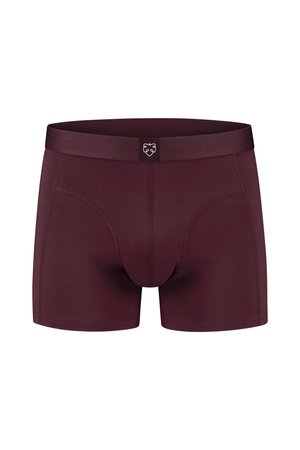Donkerrode herenboxershorts met een brede tailleband met een klein leeuwengezicht-logo middenvoor.