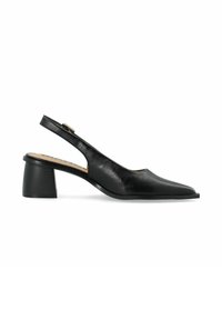 Scarpa slingback in pelle nera con punta affusolata e tacco medio a blocco. Presenta una sottile cinghia e una texture liscia.