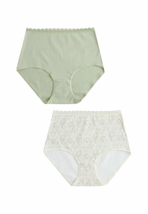 Deux paires de culottes taille haute pour femmes, une vert clair uni et une crème avec un motif floral subtil, toutes deux avec une bordure en dentelle à la taille.