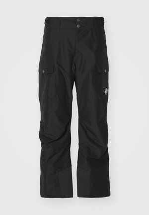 Schwarze Cargo-Hose aus wasserabweisendem Material, ausgestattet mit zwei Seitentaschen, einem verstärkten Unterschenkel und einem Knopfverschluss am Bund.