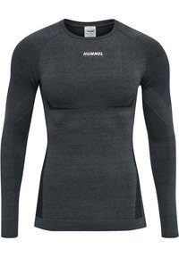 Langærmet atletisk skjorte i mørkegrå, med tekstureret stof, tætsiddende design og et kontrastlogo. Glat, strækbart materiale.