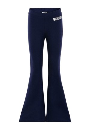 Leggings flared di colore blu navy realizzati in tessuto elasticizzato con una texture liscia. Presentano una stampa del logo in bianco sulla cintura.