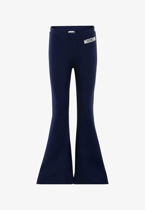 Granatowe legginsy w fasonie dzwonowym wykonane z elastycznej tkaniny o gładkiej strukturze. Posiadają biały nadruk logo na pasku.