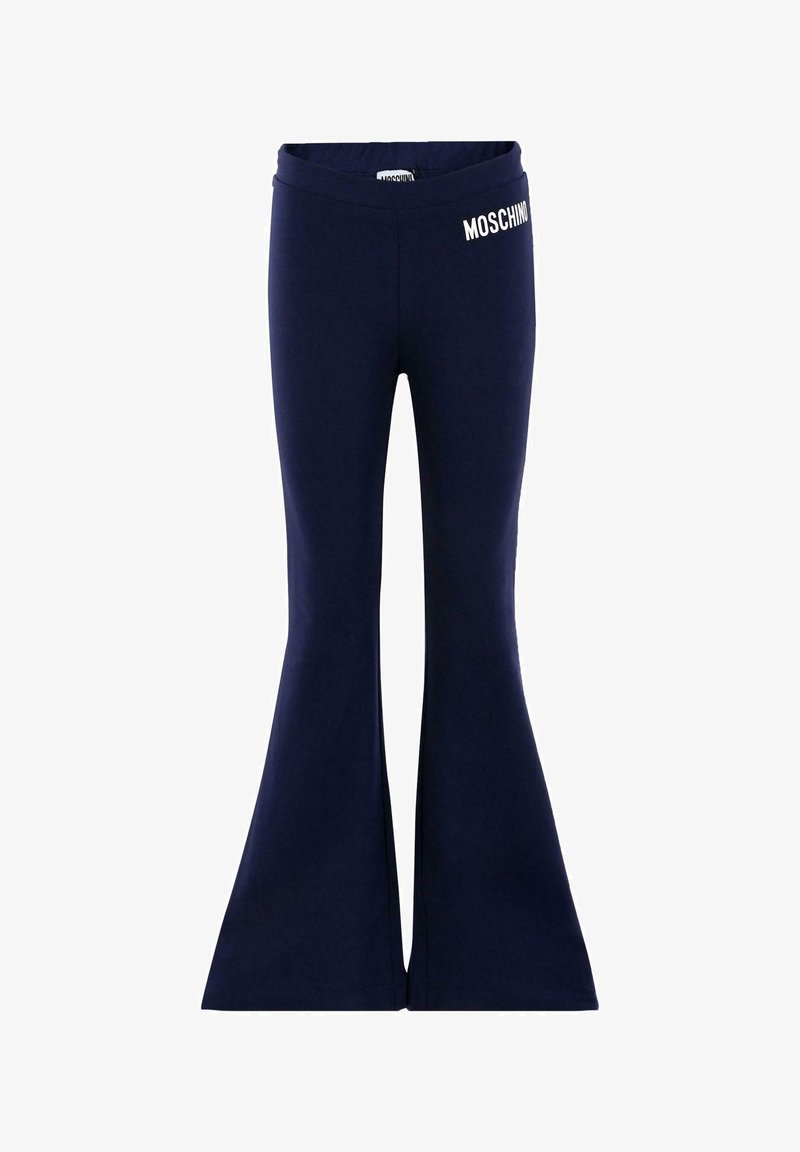 Granatowe legginsy w fasonie dzwonowym wykonane z elastycznej tkaniny o gładkiej strukturze. Posiadają biały nadruk logo na pasku.