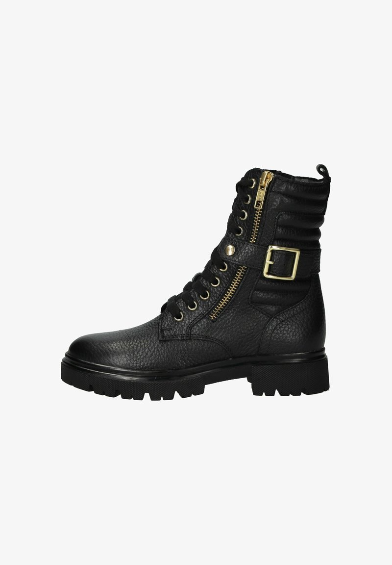 Bottines noires en simili cuir avec une surface texturée, fermeture éclair dorée, accents métalliques, lacets à l'avant et semelle robuste.