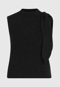 Top noir sans manches avec un col montant. Présente un design en maille texturée et un accent noué à l'épaule gauche.