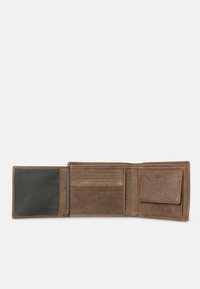 Brown leather wallet with a green fabric lining, featuring multiple card slots, a bill compartment, and a snap-close coin pocket.
