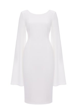 Biała sukienka z długim rękawem, okrągłym dekoltem, dopasowaną sylwetką, minimalistycznym designem, gładką teksturą i długością do kolan.