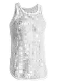 Hvit mesh tanktopp med ermeløs design, som har rund halslinning og myk hvit kant. Stoffet har en lett og pustende tekstur.