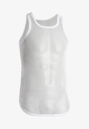 Hvit mesh tanktopp med ermeløs design, som har rund halslinning og myk hvit kant. Stoffet har en lett og pustende tekstur.