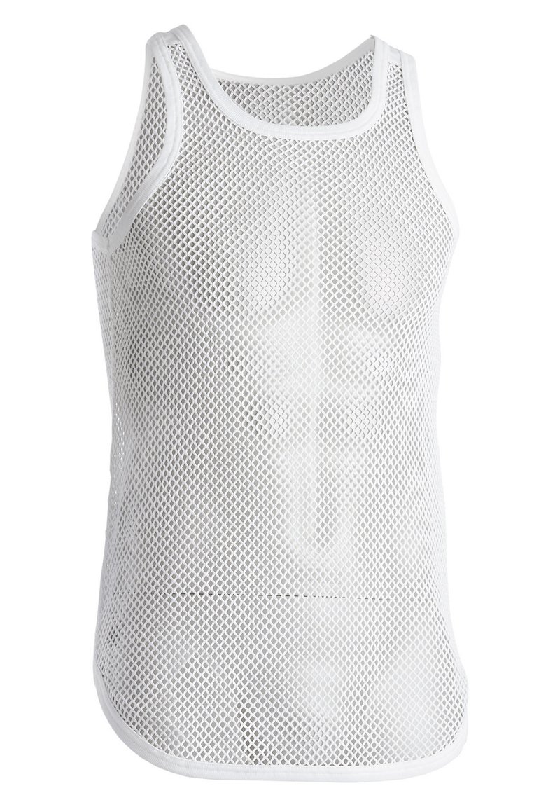 Hvit mesh tanktopp med ermeløs design, som har rund halslinning og myk hvit kant. Stoffet har en lett og pustende tekstur.