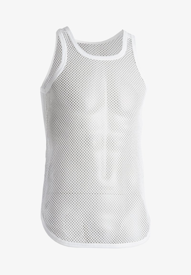 Hvit mesh tanktopp med ermeløs design, som har rund halslinning og myk hvit kant. Stoffet har en lett og pustende tekstur.